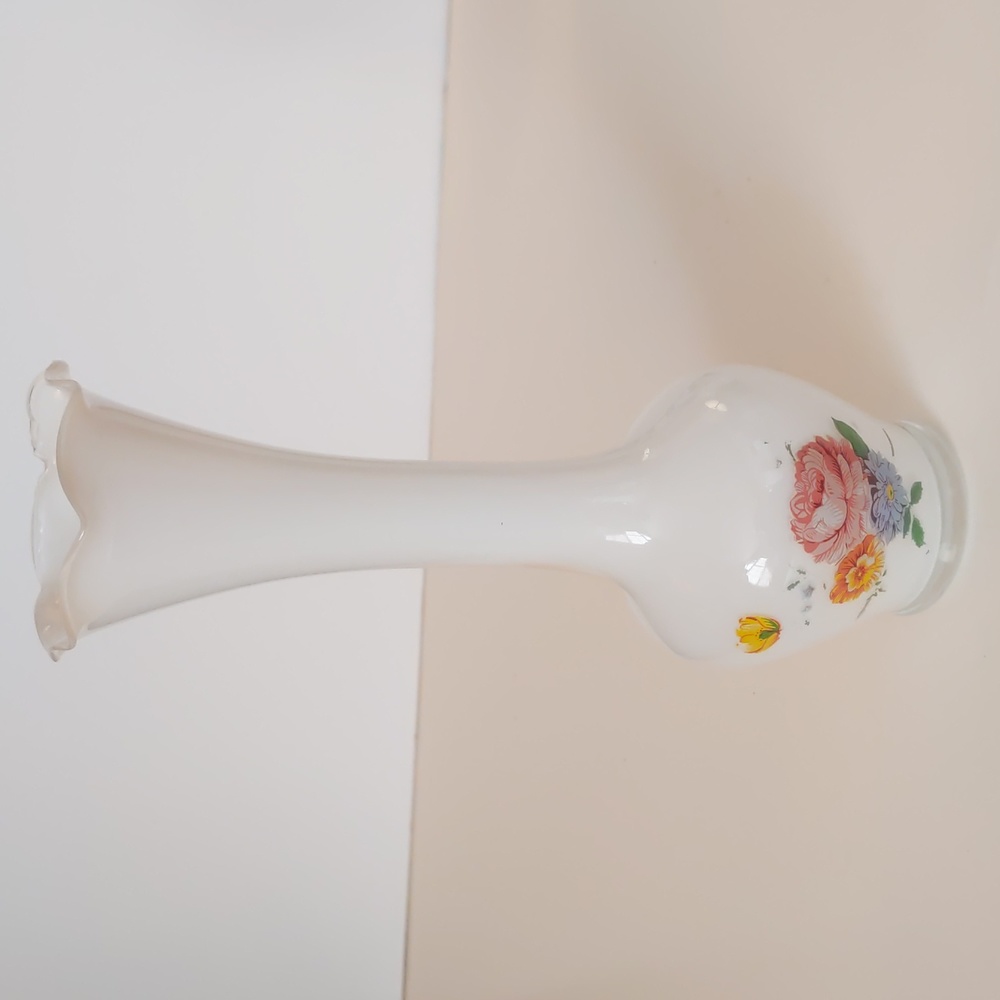 Bud Vase Glass Ruffled Edge Floral Transfer 8"